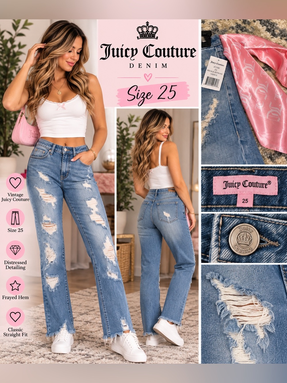 Juicy Couture Distressed Straight-Leg Jeans - Light Blue